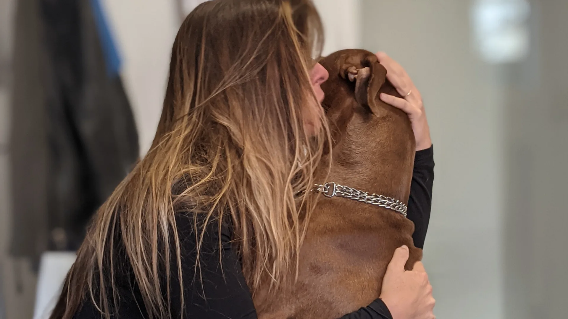 Animal University - Femme étreignant un chien marron à collier chaîne, illustrant un moment de complicité et de confiance