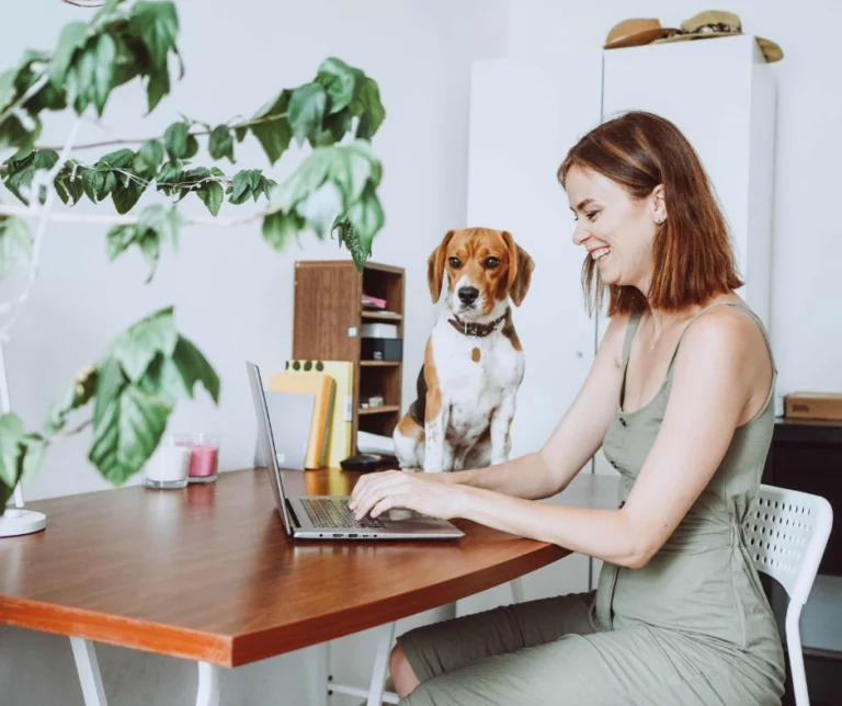 Animal University - Supervision de pratique & coaching, Formatrice travaillant sur un ordinateur avec un chien assis à ses côtés, illustrant la supervision et le coaching pour les professionnels du secteur animalier